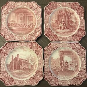1932 Crown Ducal Set Of 4 Red Transferware Plates 8" George Washington England